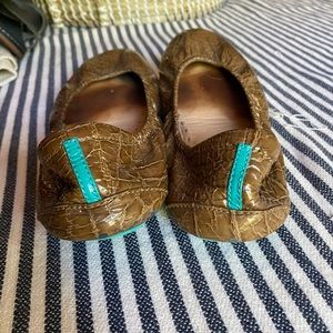 Tieks flats. Sienna brown crocodile print patent leather.  Size woman’s 9.